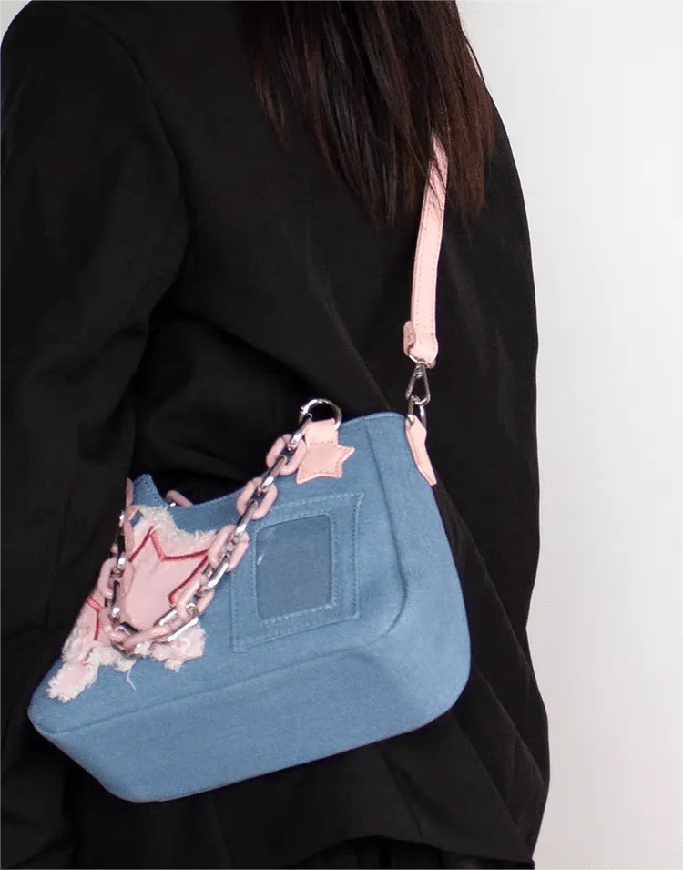 Chic Pink Star Acrylic Chain Denim Shoulder Crossbody Bag